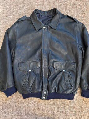 VTG Serge Hervet Leather Bomber Flight Jacket Dark Blue Buttery Soft Medium